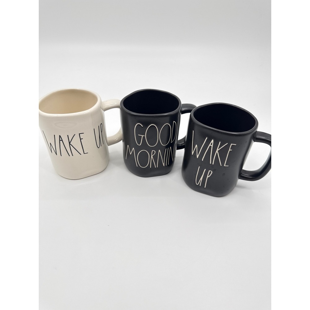 Rae Dunn Wake Up Good Morning Mug Set 3pc Black Cream Artisan Collection Magenta